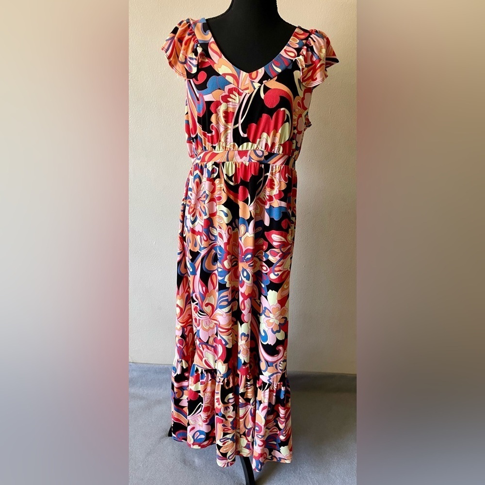 Iman Women’s Dress Black & Orange Size LP Ruffle Sleeves